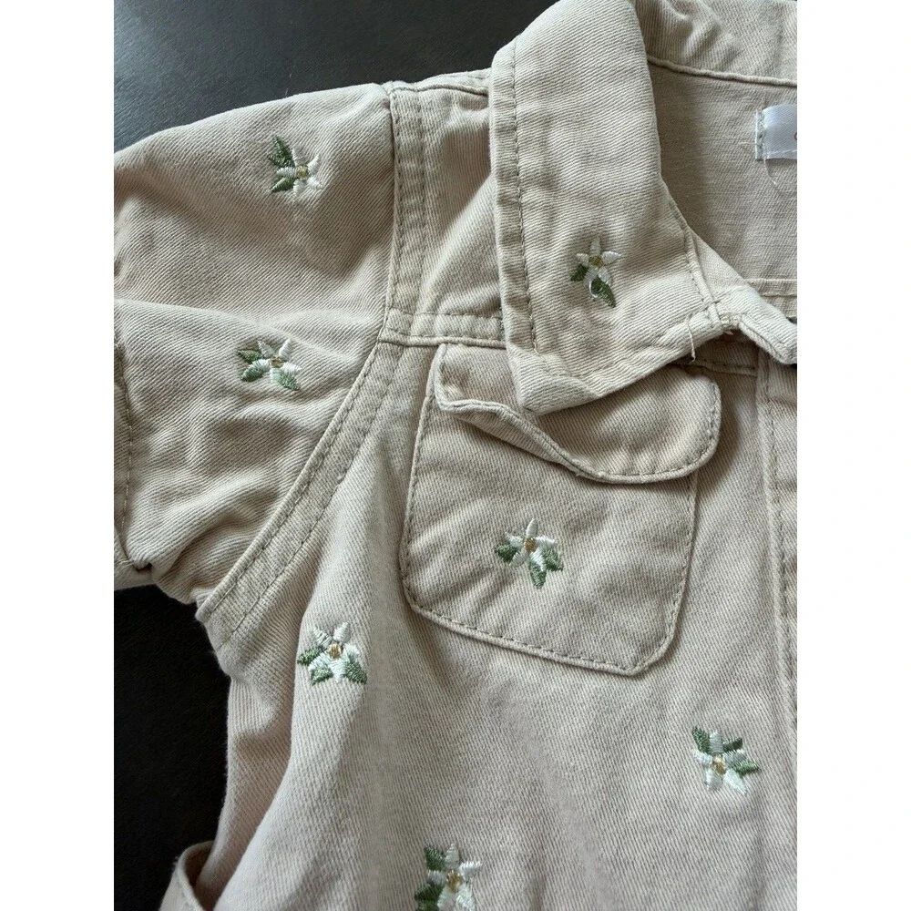 Nanette Denim Button-Front Dress Pockets floral embroidered Girls Size 6T beige